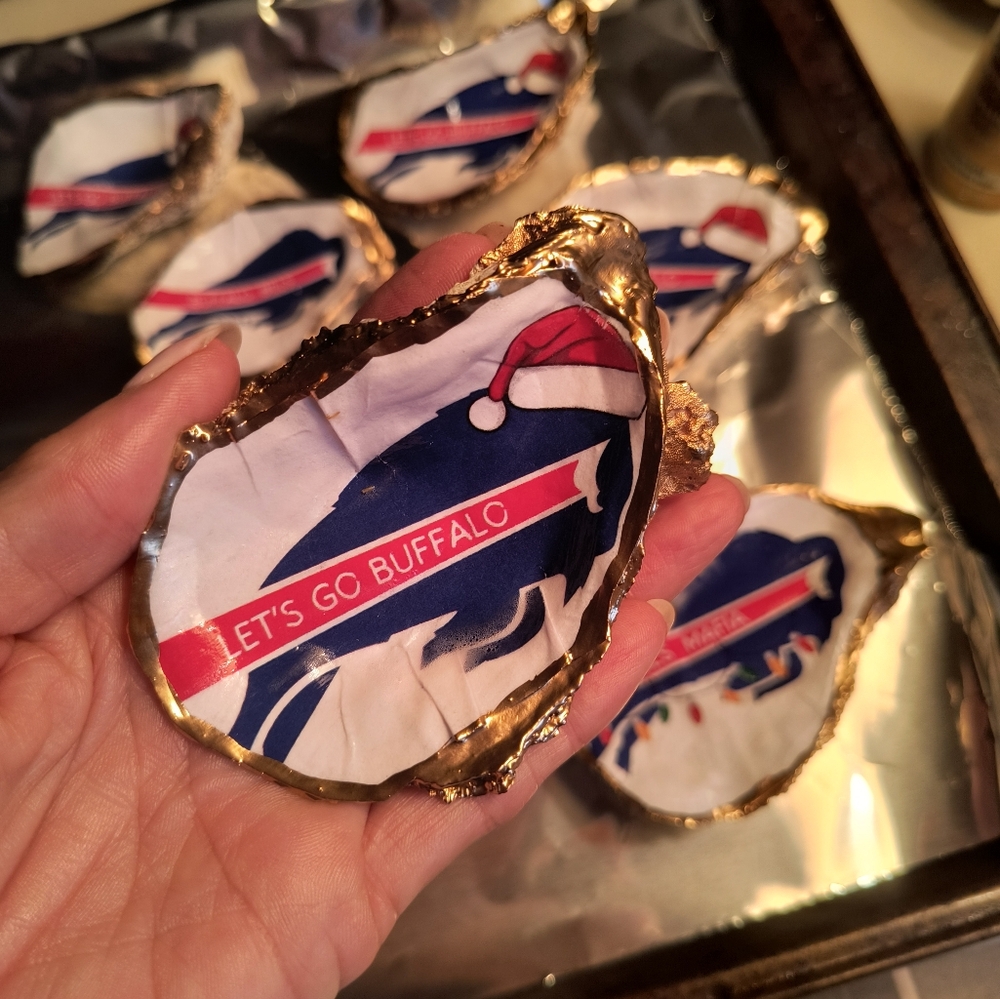 Buffalo Bills Themed Oyster Shell Ornament.